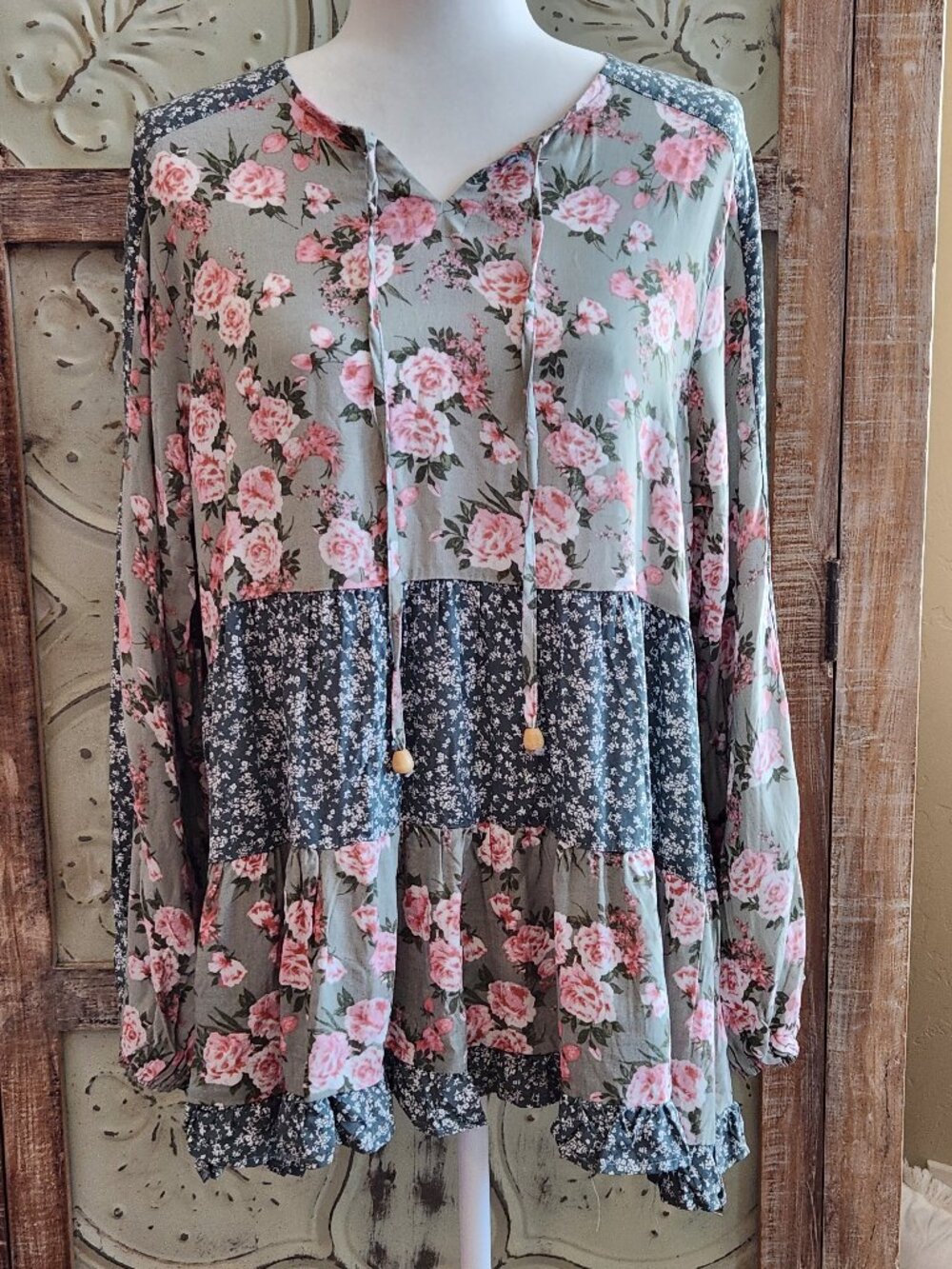 Easel Mixed Floral Print Tiered Flowy Boho/Peasant Top with Tassel Ties | Medium